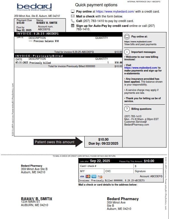 Example of a Bedard Pharmacy statement with the account number highlighted.